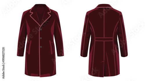 Elegant Maroon Overcoat Design Front and Back Illustration for Fashion and Apparel Projects