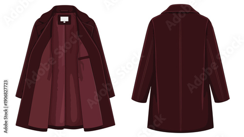 Elegant burgundy tailored overcoat vector illustration displaying front open and rear views