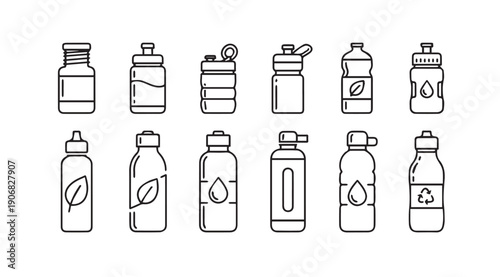 Collection of Line Icons for Water Bottles, Sports Drinks, and Eco-Friendly Containers