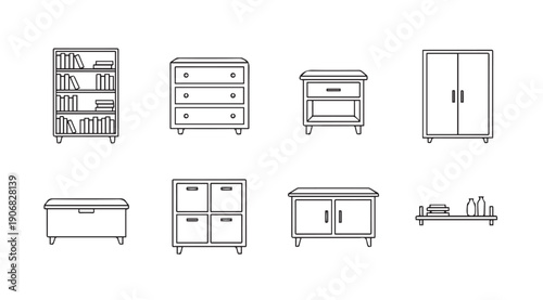 Collection of Outline Furniture Icons: Bookshelf, Dresser, Cabinet, Wardrobe, Shelf