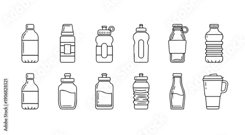 Collection of Outline Icons for Various Water Bottles and Containers