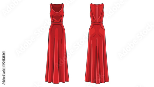 Vibrant Red Sleeveless Maxi Dress Technical Flat Sketch Front and Back Views Fashion Illustration. Elegant design for apparel creation. Perfect for