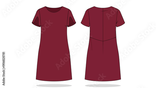 Sophisticated Maroon T-Shirt Dress Flat Sketch Front and Back View Technical Drawing Apparel Design