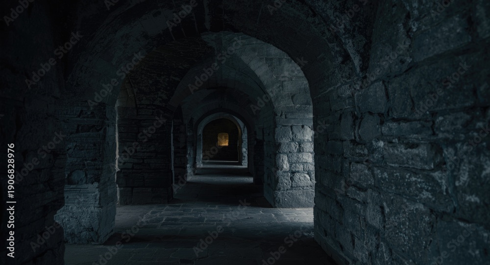 Fototapeta premium Dim stone corridor in medieval fortress featuring historic archways