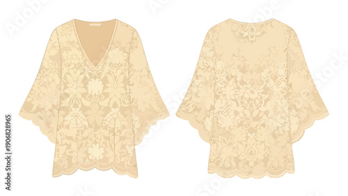 Elegant cream lace v-neck blouse flat lay garment design featuring intricate floral patterns and wide scalloped sleeves with a light, airy textile