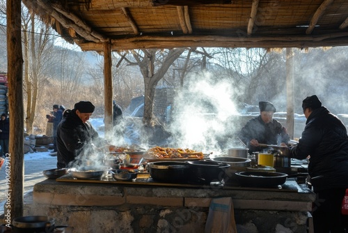 Culinary action at a winter food market rural location outdoor cooking scenic environment engaging viewpoint cultural experience