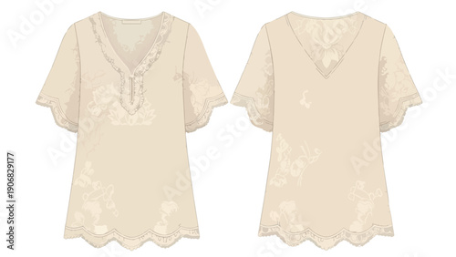 Detailed technical flat sketch of a women's short-sleeved blouse showcasing intricate lace and embroidery on a neutral fabric perfect for fashion