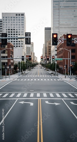 Empty City Street with Traffic Lights and Buildings.