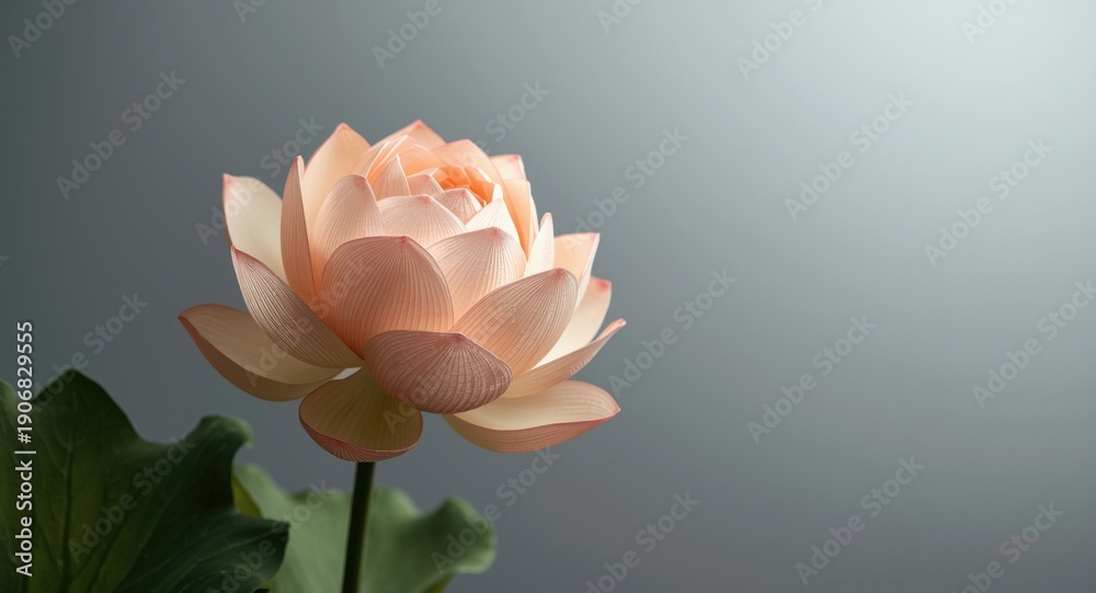 Fototapeta premium Artful paper lotus flower with tiered peach and cream petals and accompanying green leaves set against a calm gray background