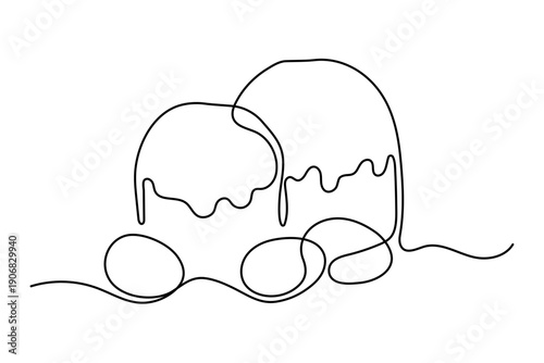Easter cake and eggs one line art, hand drawn continuous contour. Christian orthodox religion holiday Resurrection of Jesus Christ design, festive decoration. Editable stroke. Isolated. Vector illustr