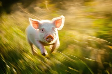 Running piglet in a green meadow animal photography capturing joyful moments outdoor close-up perspective