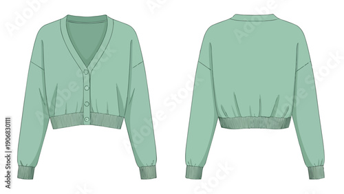 Technical flat illustration of a stylish women's cropped cardigan in soft mint green, featuring a v-neck and buttons, presented with front and back
