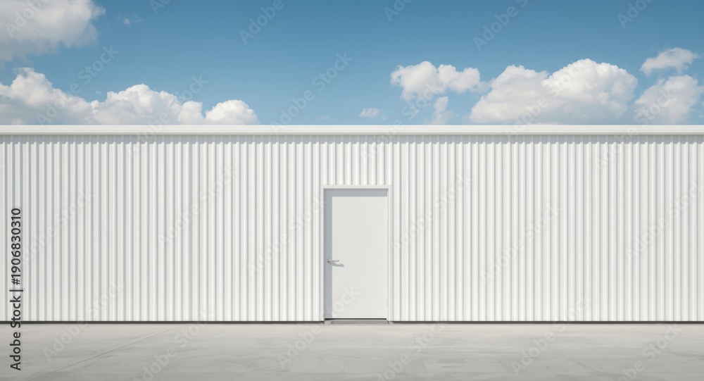Fototapeta premium Clean and minimal white corrugated metal wall with plain door under a sunny sky filled with clouds and copy space