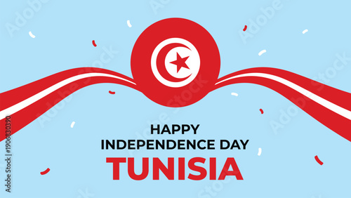 Happy independence day tunisia celebration banner with national flag colors, crescent and star emblem, festive ribbon design and patriotic background