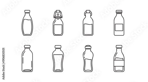Collection of Various Outline Milk Bottles and Jars for Drinks, Vector