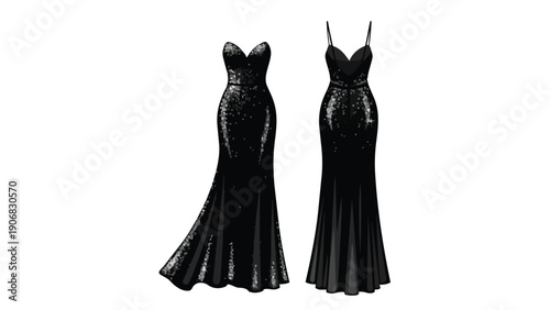 Stunning collection of two shimmering black formal evening gowns, showcasing diverse yet equally elegant silhouettes perfect for any grand occasion
