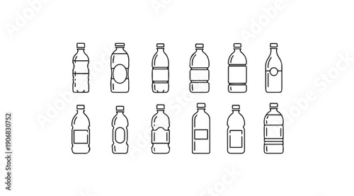 Collection of various plastic beverage bottle outlines on white background, stock media