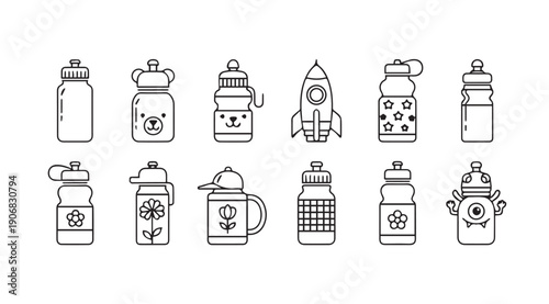 Collection of various kids' water bottles in a simple line art style