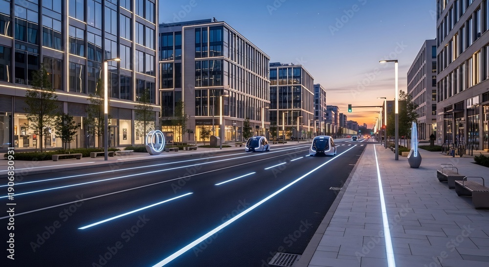 Fototapeta premium Modern City Street with Illuminated Lines and Contemporary Buildings at Dusk.