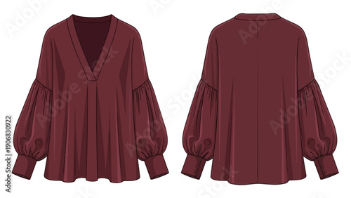 Elegant burgundy women's blouson top with voluminous balloon sleeves and a chic v-neckline ideal for modern fashion apparel design concepts and
