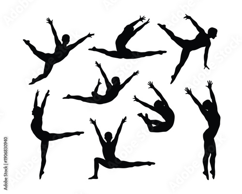 A group of silhouetted dancers in various poses on a white background