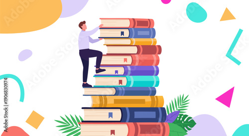 A person climbing a tall stack of books, a vector illustration representing education and knowledge acquisition, with decorative abstract shapes and leaves surrounding the scene