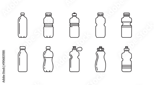 Collection of Various Water Bottle Outline Icons on White Background