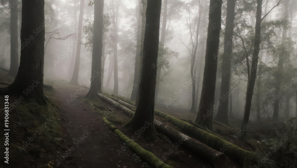 Fototapeta premium Ethereal Forest Trail - A Misty Journey Through Natures Embrace.