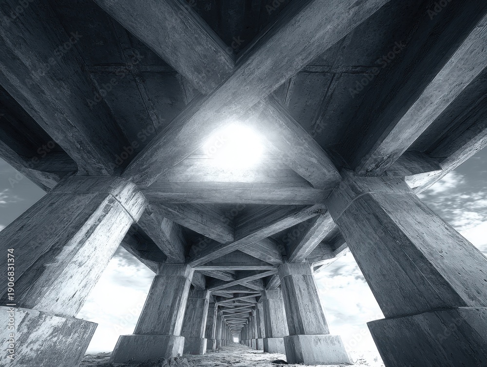 Obraz premium A symmetrical architectural design features interconnected beams and columns converging at a central point, exhibiting a strong, imposing form.