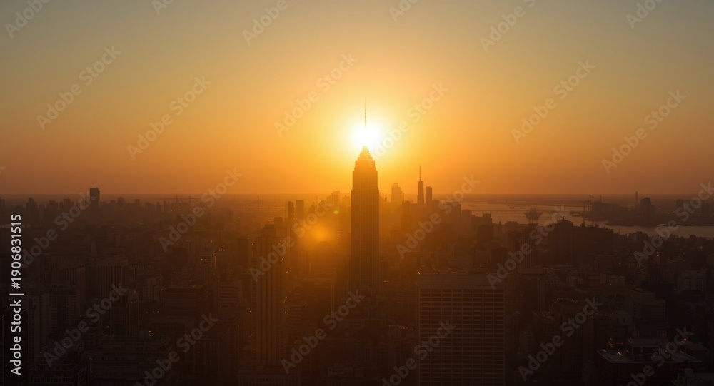 Naklejka premium A radiant dawn sun illuminating tall city structures beautifully