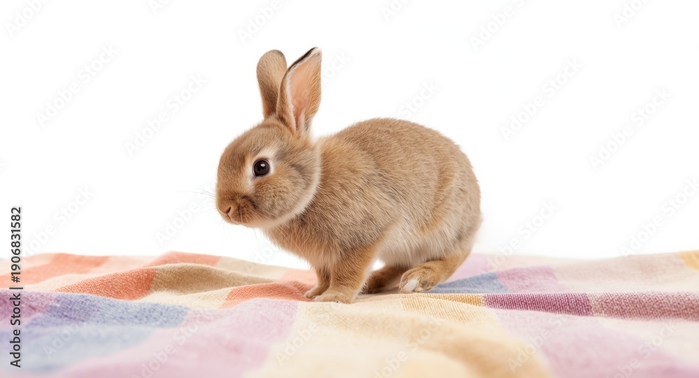 Naklejka premium Cute young bunny hopping on multicolored pastel textile against bright white background