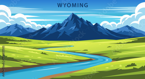 Wyoming Landscape Vector Illustration with Majestic Mountains and Winding River, Scenic Beauty