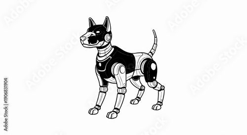 Black and white illustration of a robotic dog, standing, on a white background
