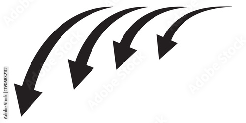 Vector set of black curved downward arrows, collection of dynamic falling pointers and motion direction symbols for infographic design.