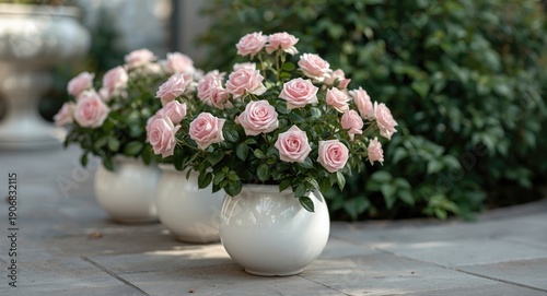 Wallpaper Mural Elegant arrangement of pink miniature roses thriving in clean white pots outdoors Torontodigital.ca