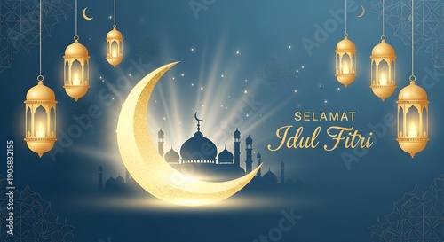 Elegant Eid al-Fitr illustration with glowing crescent moon, mosque silhouette, golden lanterns, blue gold palette and peaceful mood