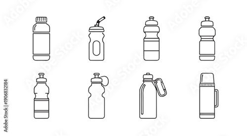 Collection of Water Bottle Icons, Vector Graphics, Sports and Travel Containers