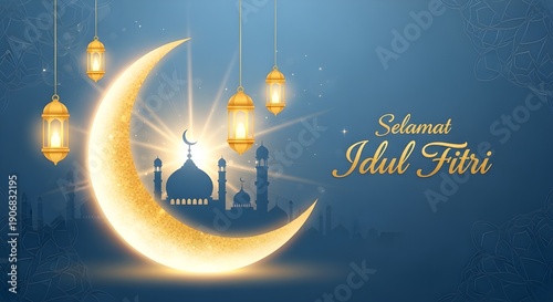 Elegant Eid al-Fitr illustration with glowing crescent moon, mosque silhouette, golden lanterns, blue gold palette and peaceful mood