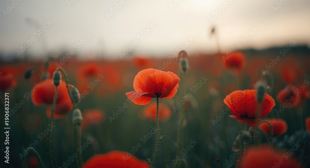 Obraz premium Dramatic low key visual of a field of bright red poppies with selective focus