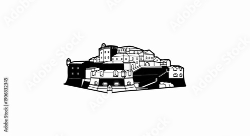 Black and white line drawing of a fortress on a hill with many windows
