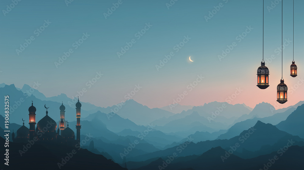 Obraz premium Ramadan hanging lanterns over mountain mosque skyline at dawn for Islamic greeting and festival background