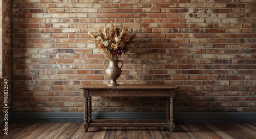 Interior backdrop with weathered textured brick wall showing rustic vintage tones