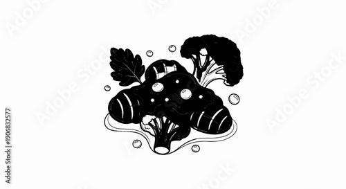 A stylized black and white illustration of broccoli florets and a leaf