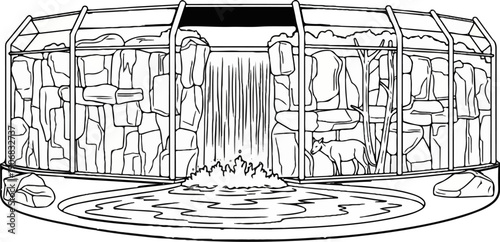 A stylized black and white illustration of a zoo enclosure with a waterfall, rocks, and an animal