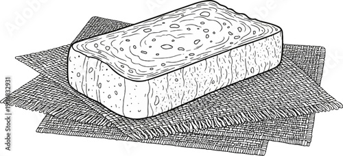 Black and white line drawing of a loaf of bread on a textured mat