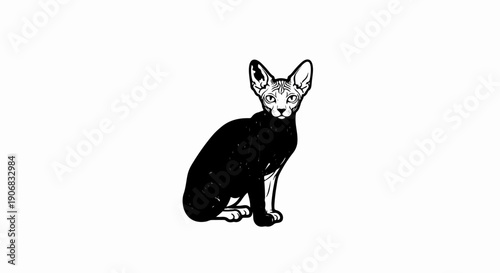 Black and white illustration of a sleek, earless feline sitting