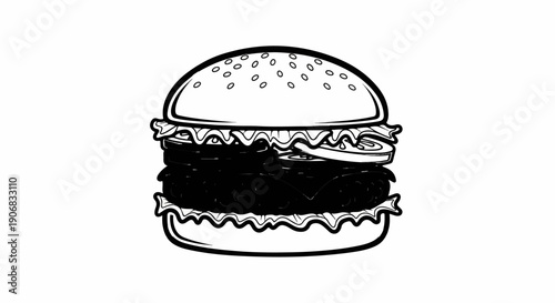 A stylized black and white illustration of a layered hamburger with sesame seeds on top