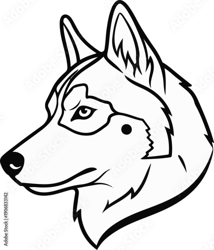 A stylized black and white illustration of a dog's head in profile