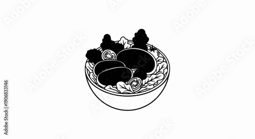 Black and white line drawing of a salad bowl with oval shapes, tomatoes and greens
