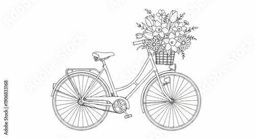 A sketch of a bicycle with a basket full of flowers on the handlebars